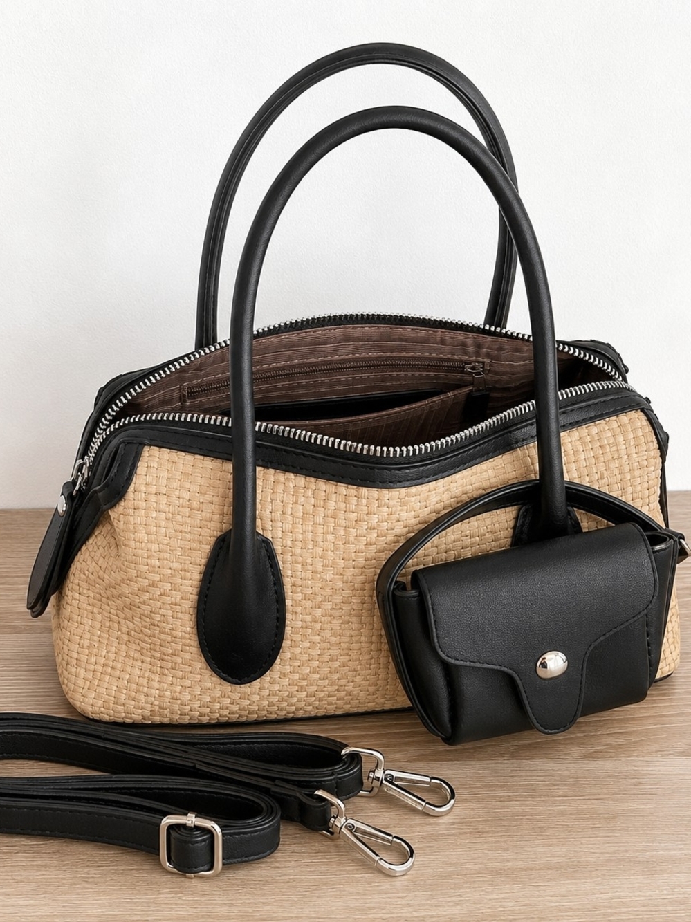 Classic Woven Straw Looking Tote with Black Leather Trim